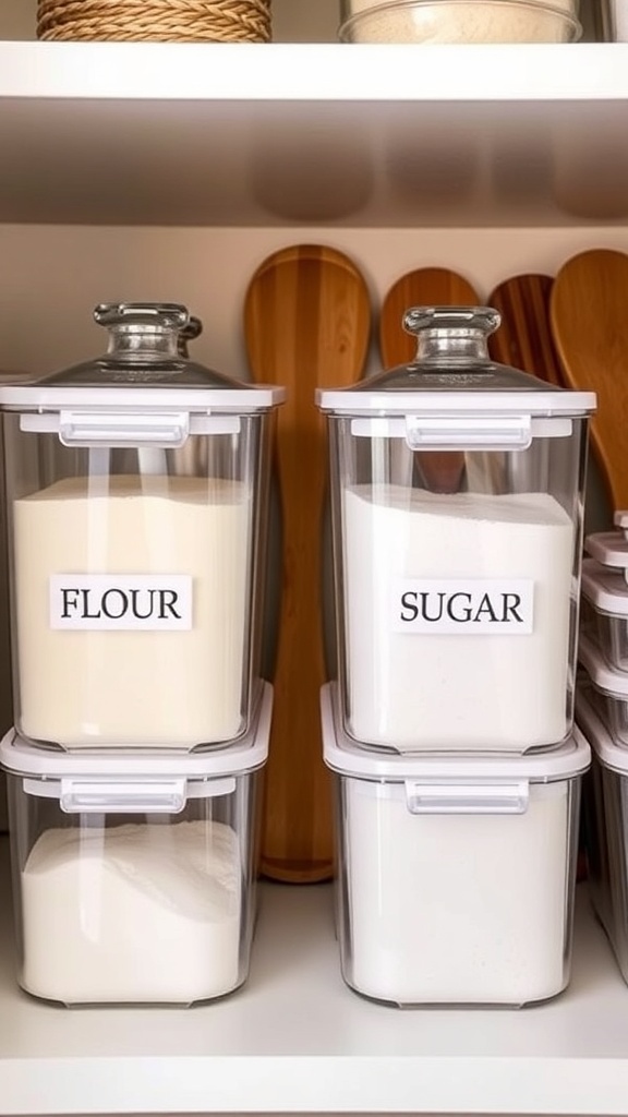 Clear storage containers with flour and sugar in a well-organized pantry.